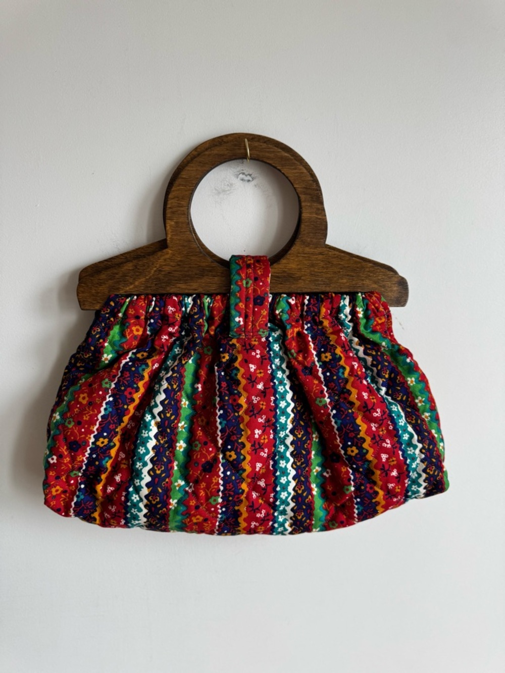 Vintage Boho Folk Print Wooden Handle Bag Cottagecore Festival Summer Purse - Picture 4 of 9